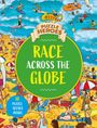 "Race Across the Globe" und "10 Puzzle Scenes Inside" in großer, auffälliger Schrift. Lebhafte Strandillustration.