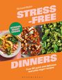 Text: "Stress-Free Dinners", "School Night Vegan", "Over 90 quick and delicious everyday vegan recipes". Drei Essensbilder.