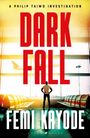 Titel: "DARK FALL", Autor: "Femi Kayode", Szene: Person steht mit Händen an der Hüfte in einem Flughafen mit Flugzeug im Hintergrund.