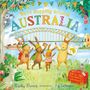 "We're hopping around AUSTRALIA", Illustration: Vier Kaninchen vor einer Brücke, eines hält eine Australien-Karte. Ein Koala sitzt im Baum.