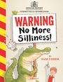 Ein grünes Krokodil hält ein Schild mit der Aufschrift "WARNING No More Silliness!" Ein Junge zeigt darauf.