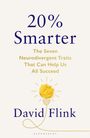 „20% Smarter“ in kräftigem Blau. Unten: „David Flink“. Gelbe Glühbirne mit Papierblüte.
