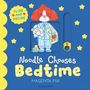 „Slide and Decide“ und „Noodle Chooses Bedtime“. Illustration: Roter Hund in Pyjama mit Spielzeug.