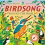 Text: "Birdsong Around the World," "Press to Hear 11 Bird Songs." Illustration von Vögeln in bunten Farben auf Ästen.