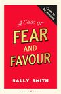 „A Case of Fear and Favour“, Sally Smith; „Cover to be revealed“. Roter Hintergrund, kontrastreiche Schrift.
