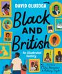 „David Olusoga: Black and British. An illustrated history“ umrahmt von gemalten Porträts und einer Familie von hinten.
