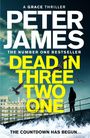 Text: "PETER JAMES DEAD IN THREE TWO ONE. THE COUNTDOWN HAS BEGUN..." Hintergrund: Gebäude, Möwen, Meer, Person blickt auf Wellen.