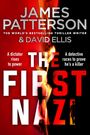 "THE FIRST NAZI" von James Patterson & David Ellis. Rot-schwarzer Hintergrund, Flamme, Silhouette eines Mannes. Thriller-Thema.