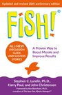 "FISH! ALL-NEW DISCUSSION GUIDE AND SUCCESS STORIES" in gelber Schrift mit zwei roten Fischen darauf.