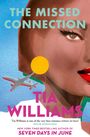 "The Missed Connection", Tia Williams, Illustration einer Frau mit rotem Lippenstift, Flugzeug, Sonne, blauer Hintergrund.