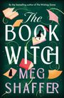 „The Book Witch“ und „Meg Shaffer“. Silhouetten von Büchern, Katze, Frau mit Regenschirm, grüner Hintergrund.
