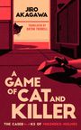 „JIRO AKAGAWA“, „A GAME OF CAT AND KILLER“. Eine Katze späht um die Ecke, rote Farbtöne dominieren das Bild.
