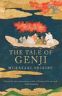 „THE TALE OF GENJI“, Murasaki Shikibu. Zitat von Tom Holland. Illustration: Menschen in einem Boot unter roten Bäumen.