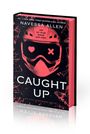 Buchtitel: "CAUGHT UP" von Navessa Allen. Rotes Helm-Design mit Herz- und X-Symbolen auf schwarzrotem Hintergrund.