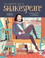 "The Graphic Life of Shakespeare." Mann in historischer Kleidung mit Feder vor Stadtkulisse, Bücherstapel, Krone, Helm, Totenkopf.