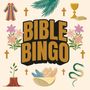 „BIBLE BINGO“ in der Mitte, umgeben von Symbolen: Palmzweig, Kelch mit Brot, bunte Robe, Schlangen, Blumen, Fische im Korb.