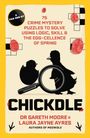 Text: "75 Crime Mystery Puzzles to Solve Using Logic, Skill & the Egg-Cellence of Spring. CHICKDLE."  
Bild zeigt Küken und Lupe.