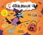 "Steve and Maggie," "Spooky Halloween Party," Comic-Art mit Vogel als Hexe auf Besen, umgeben von Süßigkeiten und Kürbiskorb.