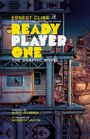 READY PLAYER ONE. Junge sitzt auf Container, umgeben von futuristischer, urbaner Architektur. Illustrativ gestaltet.