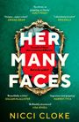 Texte: "HER MANY FACES", "To each of them she's someone different. But is she guilty?", "NICCI CLOKE". Goldener Rahmen, zerrissenes Rot.