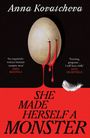 "Anna Kovatcheva. 'She Made Herself a Monster'. Ei mit roten Rissen, Feder daneben. Dramatisches Design."