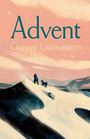 Die Worte "Advent" und "Gunnar Gunnarsson" erscheinen. Eine Winterlandschaft mit einem wandernden Mann, Hund und Schaf.