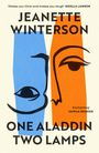 "One Aladdin Two Lamps" von Jeanette Winterson. Illustration: Zwei stilisierte Gesichter in blau und orange.