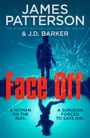 "Face Off" in Rot. „A HITMAN ON THE RUN. A SURGEON FORCED TO SAVE HIM.“ Silhouette eines Mannes vor zerbrochenem Glas.