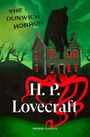 "The Dunwich Horror" und "H. P. Lovecraft" stehen vor grüner Szenerie. Ein großes, dunkles Wesen ragt hinter einem Haus hervor.