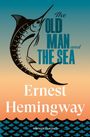"The Old Man and The Sea. Ernest Hemingway. Illustration eines springenden Fisches vor blauem und orangefarbenem Hintergrund."