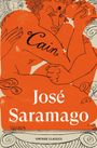 "Cain" und "José Saramago" in geschwungener Schrift. Illustration eines muskulösen Mannes mit Apfel und Flügeln.