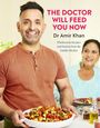 Text: "The Doctor Will Feed You Now" von Dr. Amir Khan. Ein Mann mit Bart hält einen Teller mit buntem Essen, eine Frau lächelt im Hintergrund.