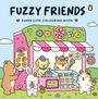 "Fuzzy Friends", "Super Cute Colouring Book". Illustration: Tiere an einem rosa Gebäckstand mit Donuts und Pflanzen.
