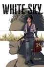 „WHITE SKY“ oben. Illustration: Frau in urbanem Setting, trägt Waffe und Tasche mit „N“. Hintergrund: Stadtansicht.