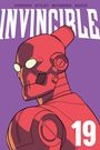 Großer weißer Text "INVINCIBLE" auf lila Hintergrund. Roboter in Rot mit leuchtenden Augen und Nummer "19".