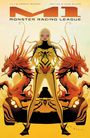 "MONSTER RACING LEAGUE" steht über einer Figur in gelbem Anzug, flankiert von roten Drachen und einem Rennauto.
