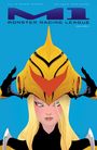Illustration einer Figur mit goldenem Helm und blonder Haarpracht auf blauem Hintergrund.