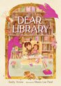 Text: "DEAR LIBRARY, Emily Arrow, illustrated by Meera Lee Patel." Illustration: Zwei Kinder auf einem Sofa vor Bücherregal.