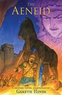 Text: "The Aeneid", "A Graphic Novel Adaptation by Gareth Hinds". Eine Illustration zeigt ein Trojanisches Pferd und Krieger.