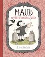 "MAUD and the VERY EVENTFUL WEEK. Lisa Anchin." Illustration mit einem freudigen Mädchen im dunklen Kleid, umgeben von Fledermäusen.