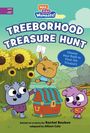 Drei Tierfiguren stehen bei einer Schatztruhe, umgeben von Sonnenblumen. Texte: "TREEBORHOOD TREASURE HUNT".