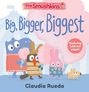 "Big, Bigger, Biggest" zeigt bunte Tiere mit Zuckerwatte. Ein roter Kreis sagt "Featuring fold-out pages!". Illustration.