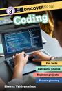 "LEVEL 3 DISCOVER NOW Coding" steht geschrieben. Illustration: Person tippt Code auf einem Laptop, farbige Streifen mit Texten.