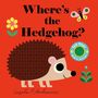 „Where’s the Hedgehog?“ und „Felt flaps and a mirror!“ Ein Igel und bunte Blumen auf rotem Hintergrund, Illustration.