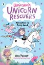 Der Text lautet: "Unicornia Unicorn Rescuers Adventure in Fairy Land" von Ana Punset, illustriert von Diana Vicedo. Es ist eine bunte Illustration mit Einhörnern und Feen.