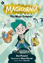 "Magicornia: The Magic Compass" in großen, bunten Buchstaben. Illustration mit einem fröhlichen Kind, Dinosaurier und Einhorn.