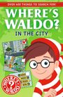 "OVER 400 THINGS TO SEARCH FOR! WHERE'S WALDO? IN THE CITY." Waldo mit Mütze und Brille, bunte Stadtansichten.