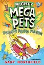 "Mighty Mega Pets: Freaky Food Fiasco!" von Gary Northfield. Comic-Stil mit fliegendem Hund im Superheldenkostüm.
