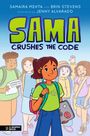 "Sama Crushes the Code". Mädchen in grüner Kleidung mit Tablet. Fröhliche Kinder im Hintergrund. Eine grafische Erzählung.