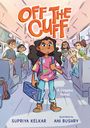 "OFF THE CUFF" ist in großen, orangefarbenen Buchstaben zu sehen. Jugendliche in einem Bus; eine trägt einen Rucksack.